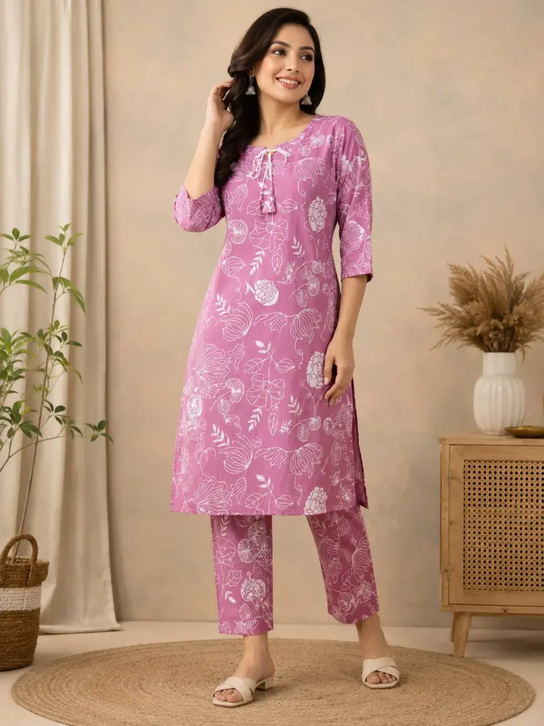 Mauve-pink with all-over white floral and leaf motifs.